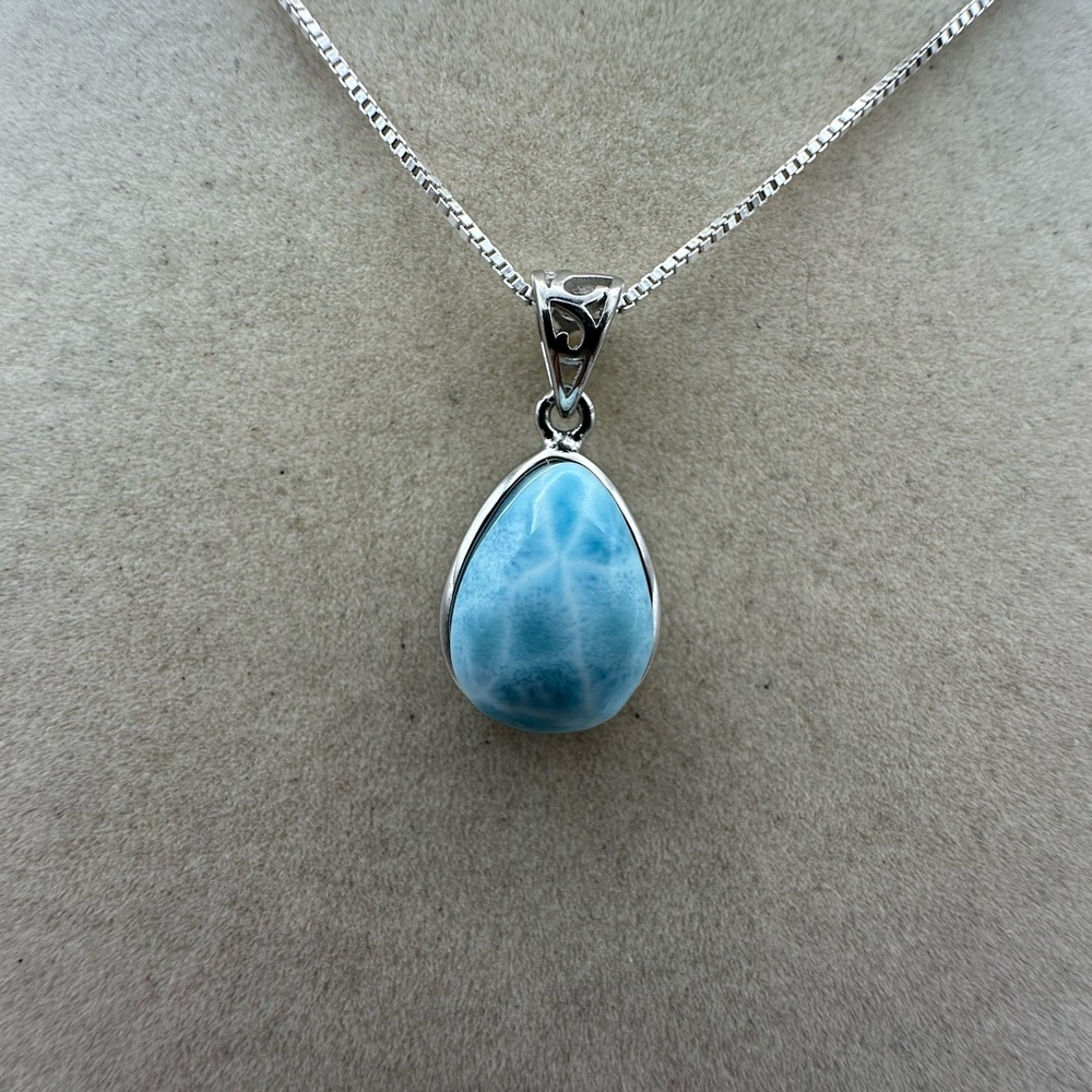Larimar and Sterling Silver Teardrop Pendant Necklace on Sterling Silver Chain - Picture 3 of 11